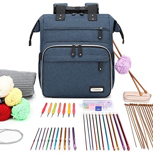 LTINVECK Crochet Backpack,Knitting Bag Backpack Yarn Storage Organizer Travel Crochet Bag with USB Charging Port,Large Yarn Tote Bag Yarn Holder Case for Knitting Needles,Crochet Hooks,Crochet Accessories,Blue - Image 2