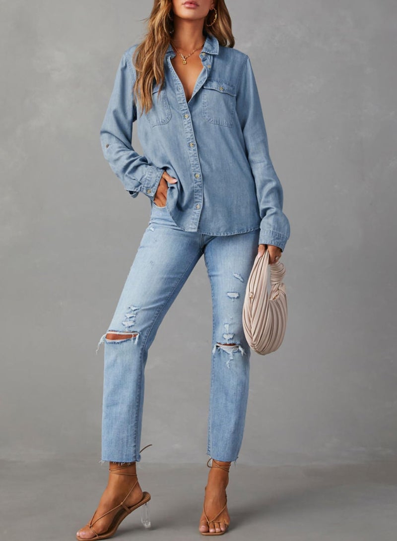 Astylish Womens Denim Button Up Shirts Chambray Blouse V Neck Lightweight Long Sleeve Soft Jean Shirts Dusk Blue Medium - Image 4