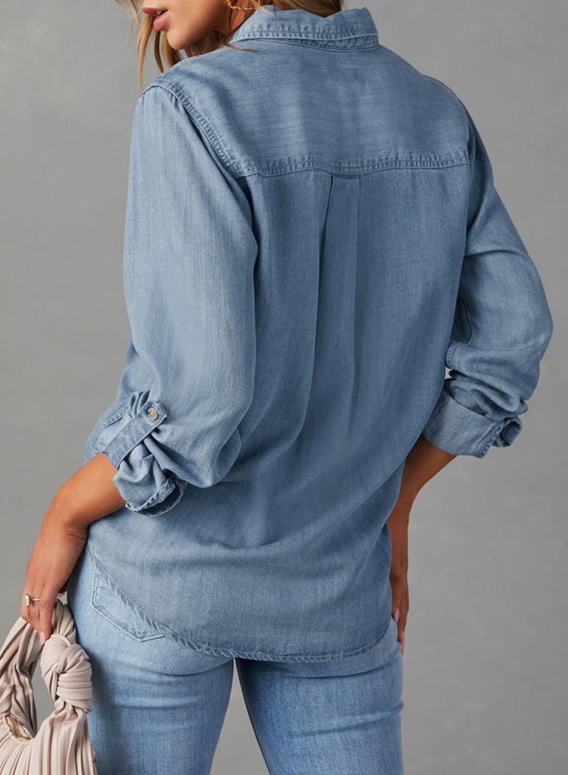 Astylish Womens Denim Button Up Shirts Chambray Blouse V Neck Lightweight Long Sleeve Soft Jean Shirts Dusk Blue Medium - Image 3