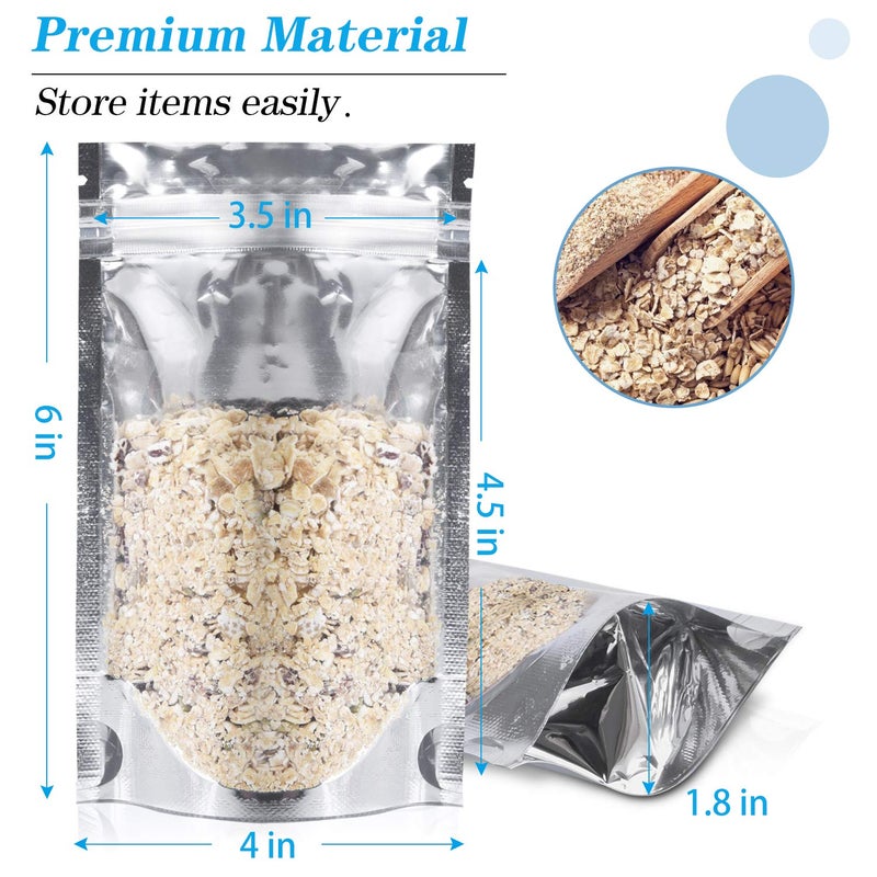 BAOLA 200 Pack - 4"x6" Stand Up Clear Silver Reclosable Mylar Zip Lock Bags, 7.8-mil Aluminum Foil Packaging, Plastic Zipper Food Coffee Candy Storage, Foil Grip Seal Wrap Smell Proof Bags Smell Proof Bags - Image 2
