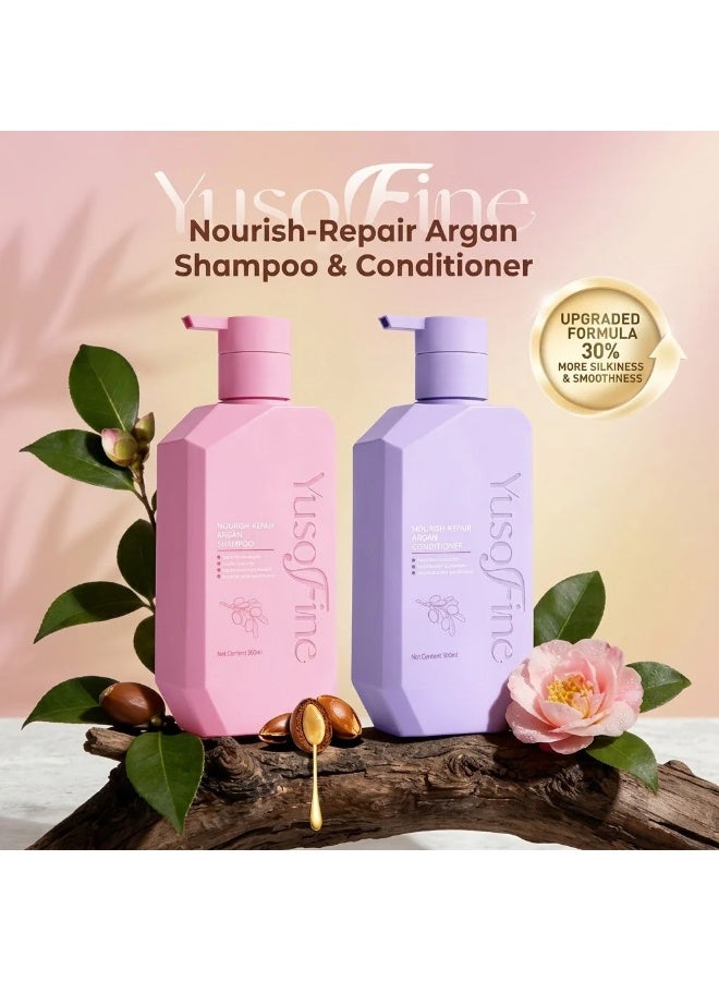 YusoFine Nourishing Argan Shampoo & Conditioner for Soft, Healthy Hair Enriched with natural argan oil, this daily care set gently cleanses while restoring essential moisture. It helps repair damage, improve manageability, enhance softness, and maintain a healthy scalp for stronger, more beautiful hair. - Image 1