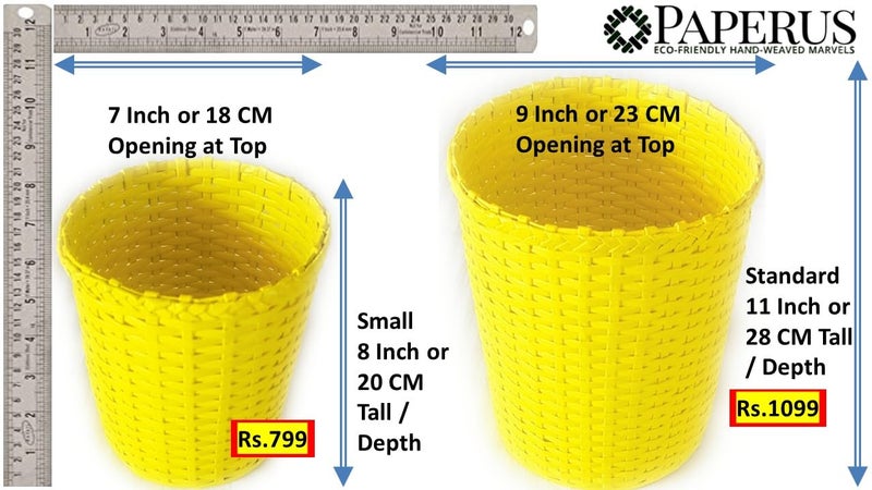 Sonas Creation Paperus Small Size 8 Inch TALL 5 Liter Yellow Open Top Waste Basket Dustbin Trashcan Paper Bin Vaastu Ecofriendly Handmade of Paper Ropes - Image 3
