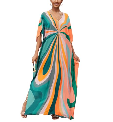 Lziizl Kaftan Dresses for Women Plus Size Bathing Suit Cover up Batwing Sleeve Caftan Maxi Beach Dress - Image 1