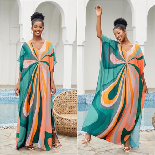 Lziizl Kaftan Dresses for Women Plus Size Bathing Suit Cover up Batwing Sleeve Caftan Maxi Beach Dress - Image 5