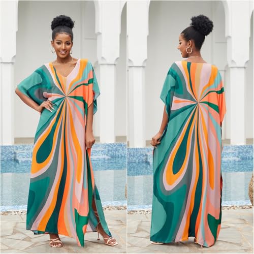 Lziizl Kaftan Dresses for Women Plus Size Bathing Suit Cover up Batwing Sleeve Caftan Maxi Beach Dress - Image 4