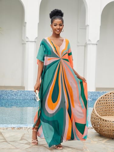 Lziizl Kaftan Dresses for Women Plus Size Bathing Suit Cover up Batwing Sleeve Caftan Maxi Beach Dress - Image 2