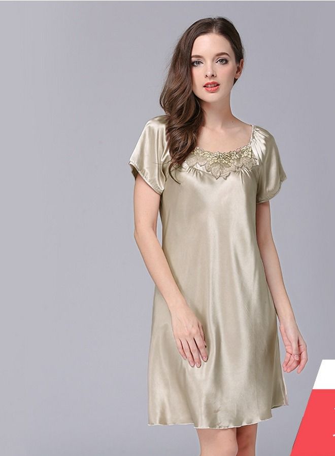 إسكدنيا Women's Solid Color Jacquard Nightgown Short Sleeve Nightdress Soft Lingerie Sleepwear Camel 