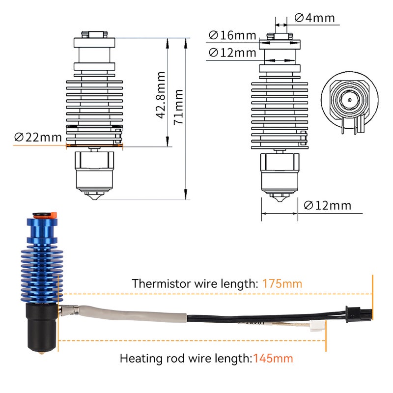 Upgraded Print Head Compatible with VORO 2.4/ Prusa 3D Printers Ceramic Heating Core Extruder with 0.4mm CHC V6 Volcano Brass Nozzle Bimetal Heatbreak Copper Hotend Kit - Image 2