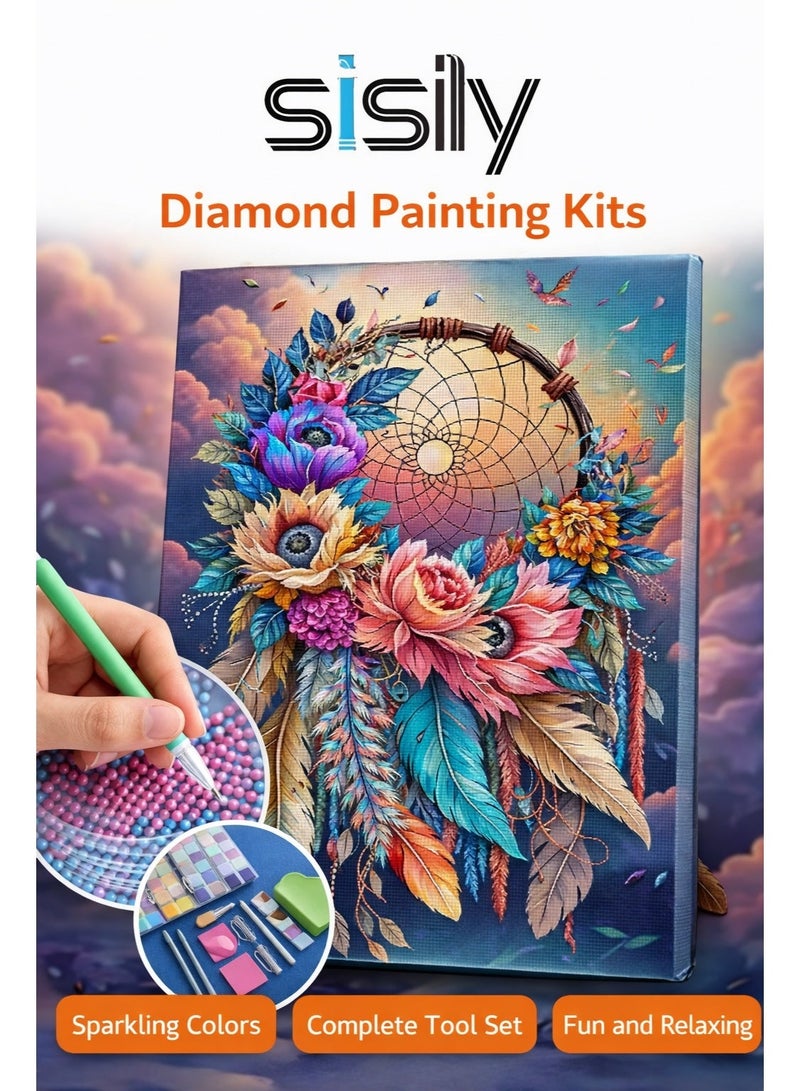 5D Dream Catcher Diamond Painting Kits for Adults Beginners,DIY Colorful Dreamcatcher Flowers Diamond Art - Image 1