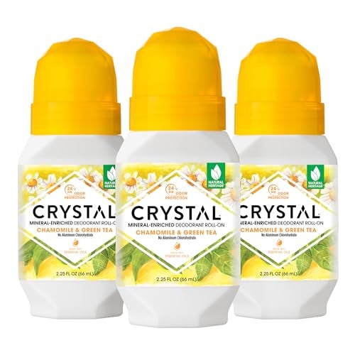 CRYSTAL Mineral Deodorant RollOn Body Deodorant With 24Hour Odor Protection NonStaining  NonSticky Deodorant with Chamomile  Green Tea Aluminium Chloride  Paraben Free 225 FL OZ  3 Pack