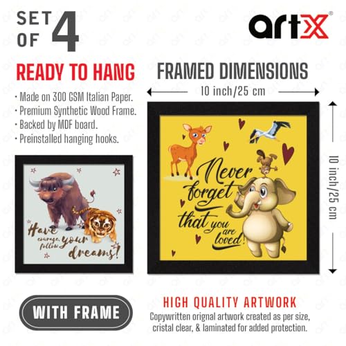 ArtX Set of 4 Cartoons Animals Kids Room Decoration Items, Wall Art Painting, Framed, 10.0 x 10.0 in each, Multicolor, Synthetic Wood, Set Of 4 - Image 5