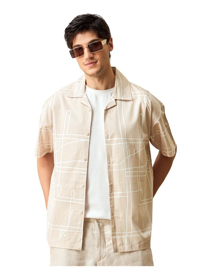 Beyoung Light Beige Half Sleeves Printed Shirts for Men  - Image 1