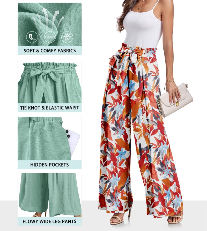 Lepunuo Womens Casual High Waist Palazzo Pants Loose Floral Flowy Belted Trousers - Image 3