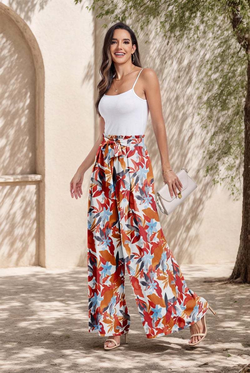 Lepunuo Womens Casual High Waist Palazzo Pants Loose Floral Flowy Belted Trousers - Image 2