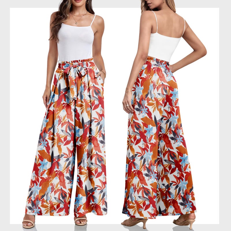 Lepunuo Womens Casual High Waist Palazzo Pants Loose Floral Flowy Belted Trousers - Image 5