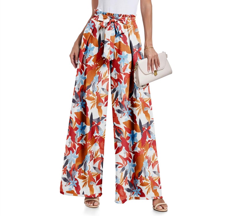 Lepunuo Womens Casual High Waist Palazzo Pants Loose Floral Flowy Belted Trousers - Image 1