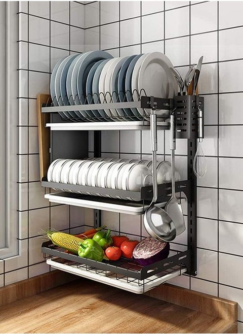 Stainless Steel Wall Mount Kitchen Dish Rack, Dish Drainer for Plates, Bowls, Cups, Cutting Boards, Utensils & Knife, Heavy Duty Rust-Resistant Plate Rack with Removable Trays, Space Saving