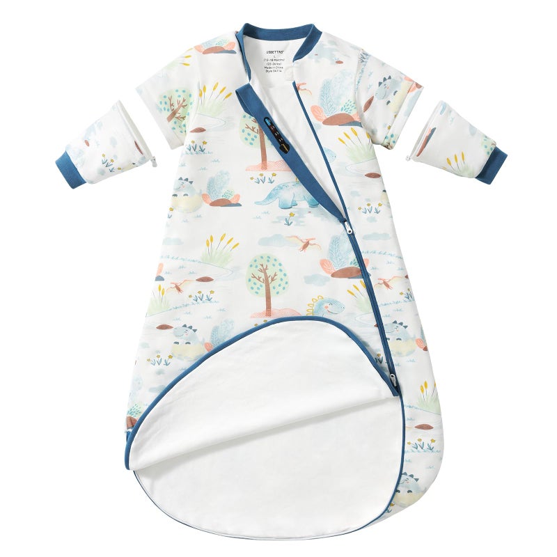 usbettas Baby Sleep Sack 6â€“12 Months, Cotton Sleep Sack with Detachable Long Sleeves, 1.0 TOG Wearable Blanket for Cooler Nights, 2-Way Zipper Toddler Sleeping Sack with Temperature Strip, Dinosaur - Image 1