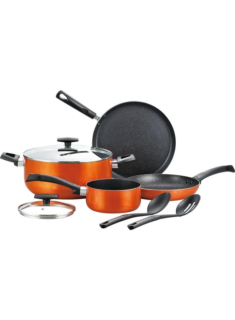 BERGNER ULTRA 8PCS COOKWARE SET, PRESSED ALUMINUM COOKING SET, INDUCTION BOTTOM COOKWARE, MARBLE+ NON-STICK COATING COOKING POTS, SUITABLE FOR ALL STOVES, METALIC ORANGE COLOR - Image 2