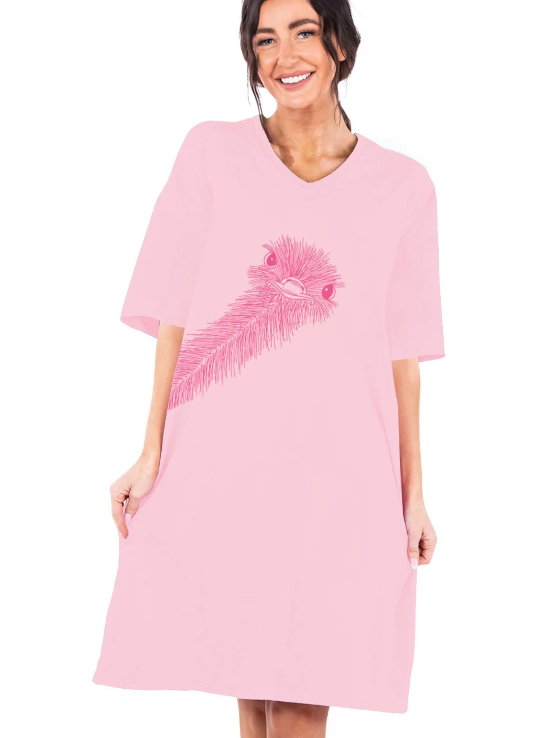 Rock&Roll Ostrich Pink V Neck Half Sleeve Knee Length Home Dress Nightgown