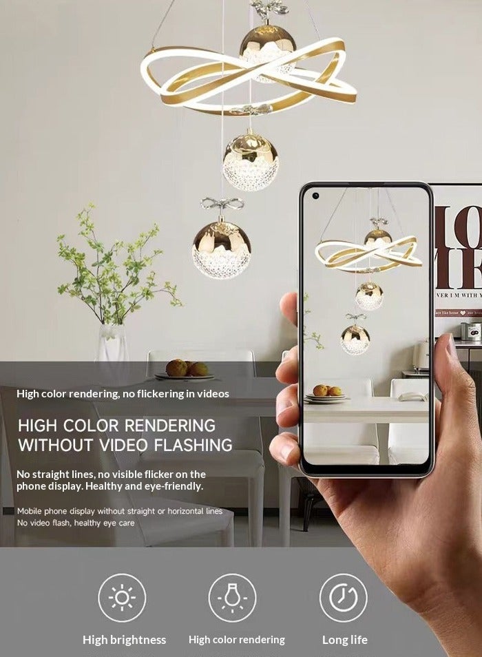 A fashionable LED chandelier with three spherical lamp heads and crystal embellishments, featuring three different light colors, adjustable height, suitable for bedrooms, living rooms, dining rooms and family rooms. - Image 2