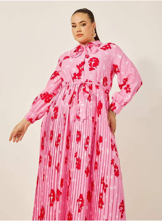 ستايلي Styli Plus Size Floral Print Pleated A-Line Maxi Dress