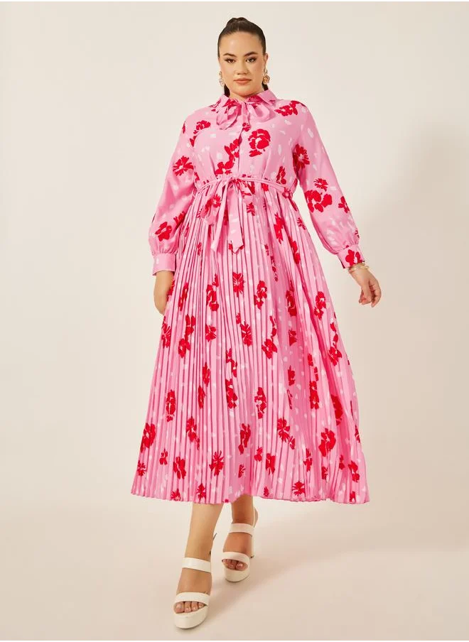 ستايلي Styli Plus Size Floral Print Pleated A-Line Maxi Dress