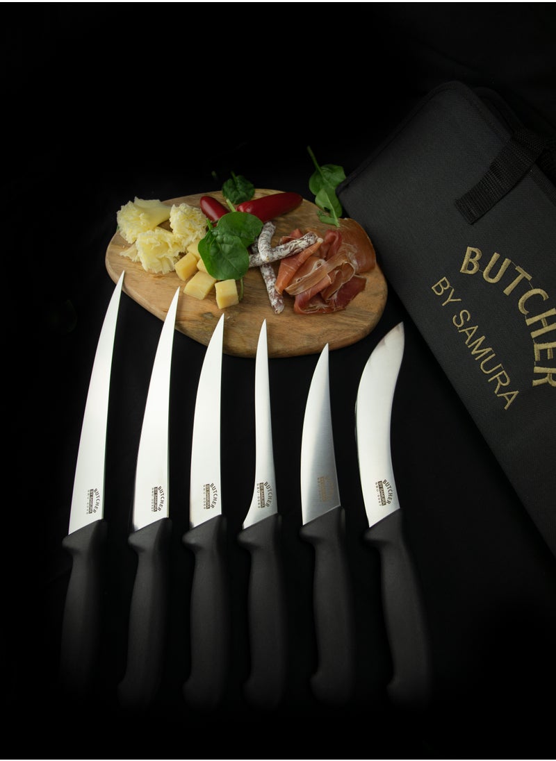 Samura Samura Butcher Kitchen Knives Set of 6 | Skinning Knife, Butcher Knife, Honing Rod, Bag | AUS-8 Stainless Steel Blades | Professional Grade | Precision Cutting | Hardness 58-59 HRC | Anti Slip  - Image 2