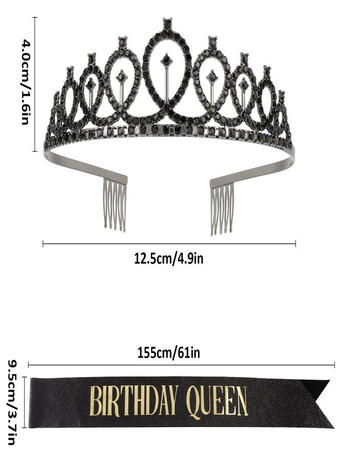 CAVETEE Birthday Crown and Sash for Women - Queen Rhinestone Tiara Set, Decorations, Black Crowns - Image 3
