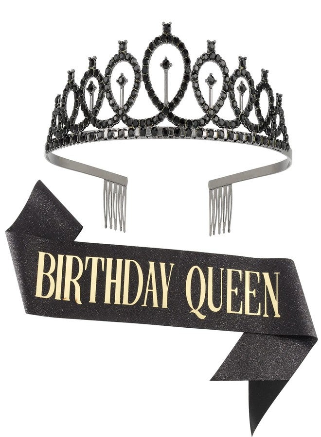 CAVETEE Birthday Crown and Sash for Women - Queen Rhinestone Tiara Set, Decorations, Black Crowns - Image 1