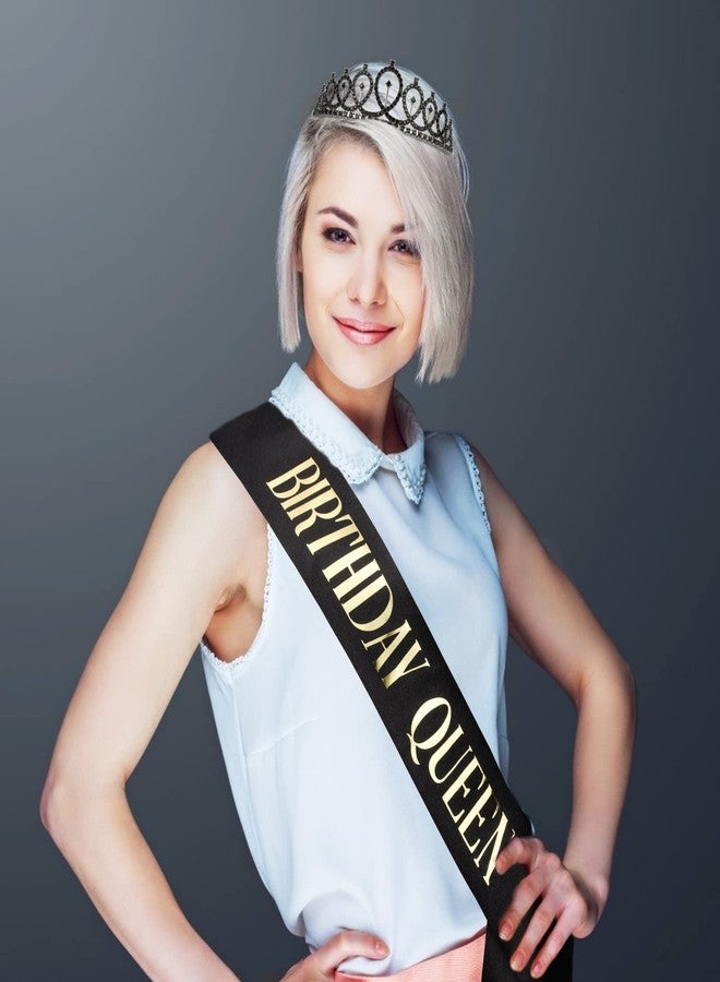 CAVETEE Birthday Crown and Sash for Women - Queen Rhinestone Tiara Set, Decorations, Black Crowns - Image 2