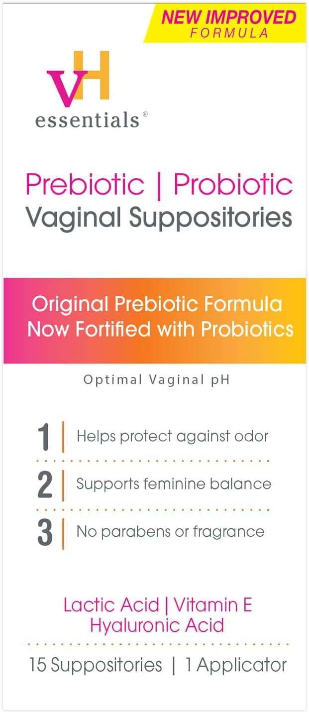 vH essentials Prebiotic pH Balanced Vaginal Suppositories Box Original Version 15 Count  pH Balanced Feminine Cleansing Wipes with Prebiotics Tea Tree Boric Acid Aloe  Witch Hazel 30 Count - Image 2