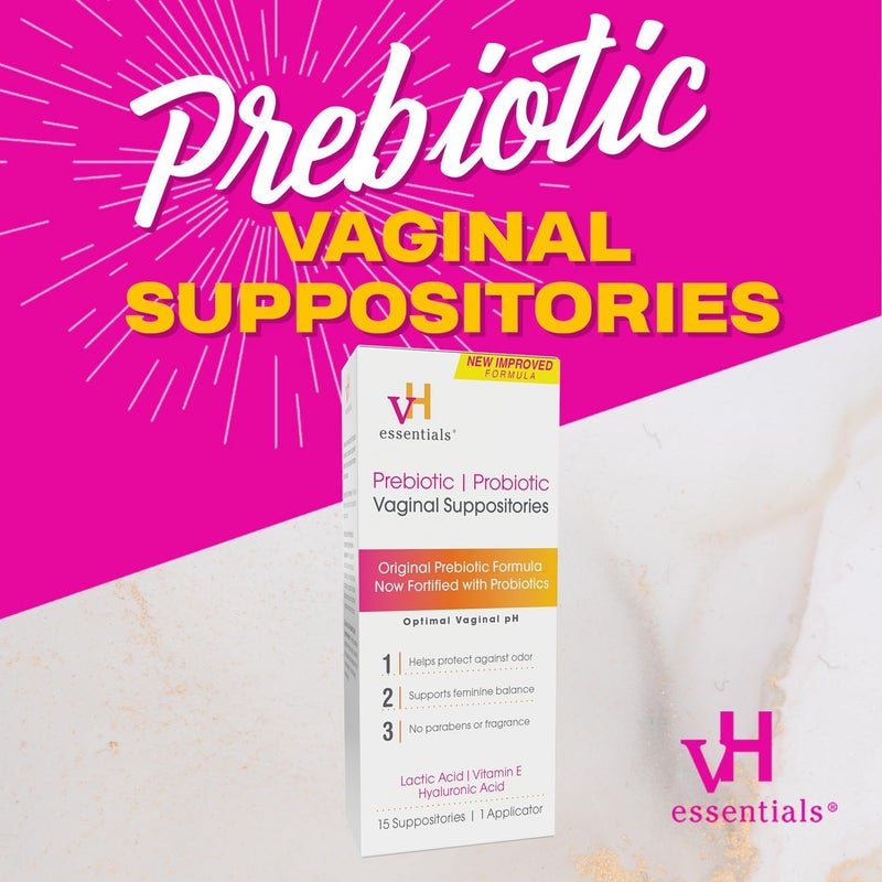 vH essentials Prebiotic pH Balanced Vaginal Suppositories Box Original Version 15 Count  pH Balanced Feminine Cleansing Wipes with Prebiotics Tea Tree Boric Acid Aloe  Witch Hazel 30 Count - Image 3