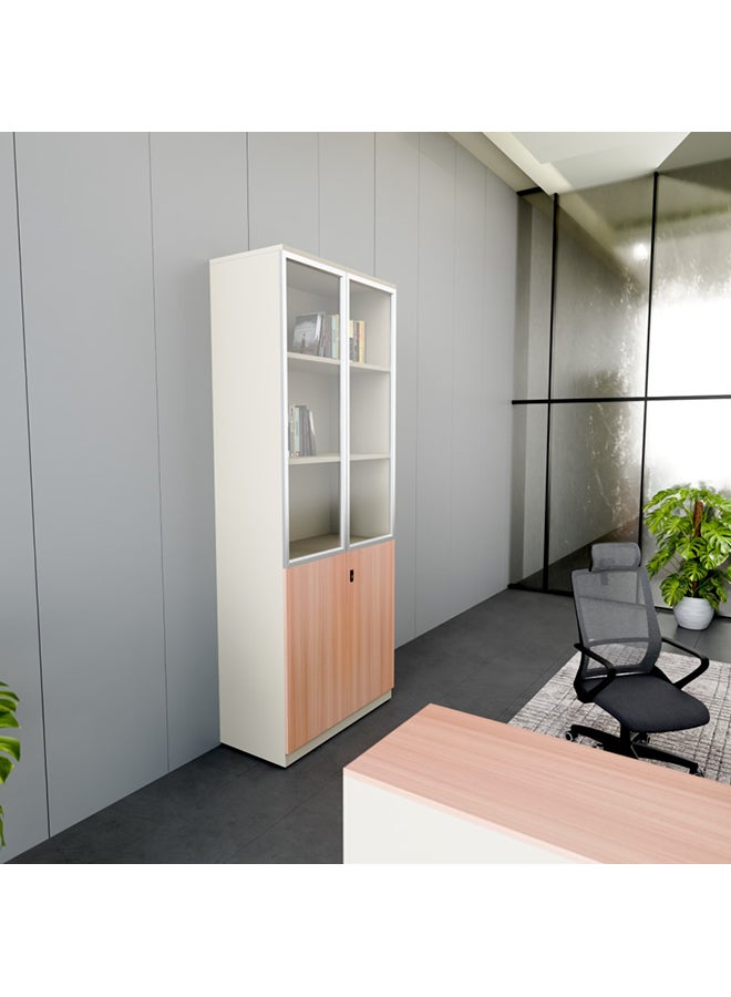 NEO FRONT FURNITURE Manager Office High File Cabinet, Beige & Brown Finish with 2 Glass Doors & 2 MDF Doors, Executive File Storage Cabinet for Office 800×400×2000 mm (XS-Y-W08)  - Image 2