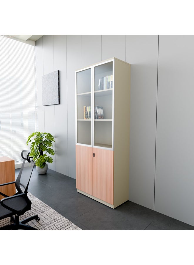 NEO FRONT FURNITURE Manager Office High File Cabinet, Beige & Brown Finish with 2 Glass Doors & 2 MDF Doors, Executive File Storage Cabinet for Office 800×400×2000 mm (XS-Y-W08)  - Image 1