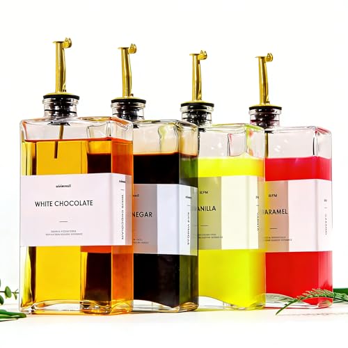 WISIMMALL Olive Oil Dispenser For Kitchen, Glass Oil Bottle 500ML Oil And Vinegar Dispenser Set Of 4 with 4 Stainless Steel Pourers & 44 Labels, Soy Sauce Dispenser, Coffee Syrup Bottles - Image 1