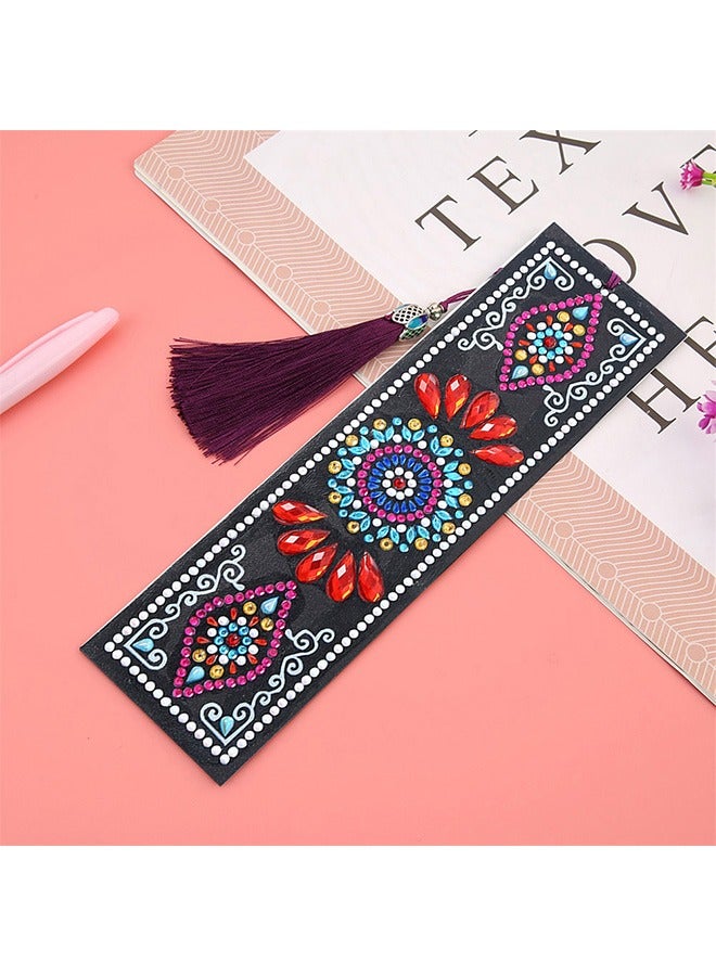 علامة مرجعية من الجلد على شكل زهرة مع رسم ماسي DIY وخرز مزخرف - Image 2