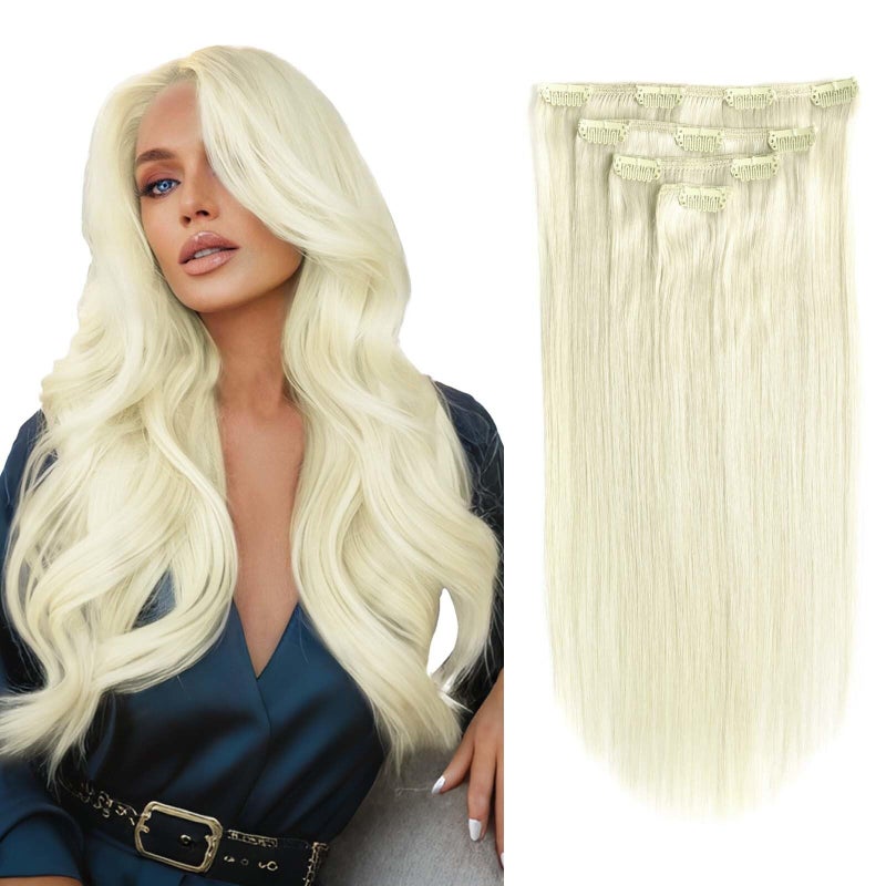 GEELOOK Clip in Hair Extensions Real Human Hair 14 Inch Lightest Blonde 613 Color Double Weft 100 Remy Human Hair Thick Long Soft Silky Straight 4pcs 10clips for Women 60grams