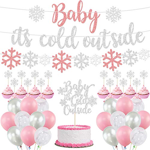 K KUMEED Baby Its Cold Outside Party Decorations Banner Snowflake Balloons Garland for Winter Wonderland Baby Shower Christmas Winter Birthday Party Supplies Silver Pink - Image 1