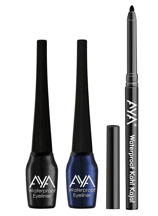 Waterproof Liquid Eyeliner Set Of 2 (Black And Blue) 5 Ml Each + Jet Black Waterproof Kohl Kajal ; Smudge Proof Transfer Proof Eye Liner Kajal For Eye Makeup ;