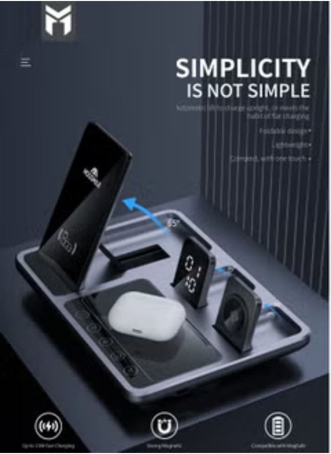 MOOGMAX Maxive 4-in-1 wireless charger 15W with fast charging and smart device identification - charges 3 devices simultaneously with a clock display - universal compatibility, portable power station, wireless charging station, wireless charging base, watch charging base, phone charging base, iPhone charging base.  - Image 3