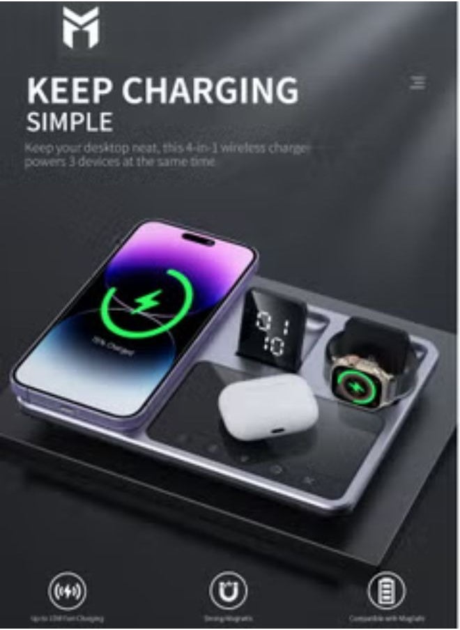 MOOGMAX Maxive 4-in-1 wireless charger 15W with fast charging and smart device identification - charges 3 devices simultaneously with a clock display - universal compatibility, portable power station, wireless charging station, wireless charging base, watch charging base, phone charging base, iPhone charging base.  - Image 4