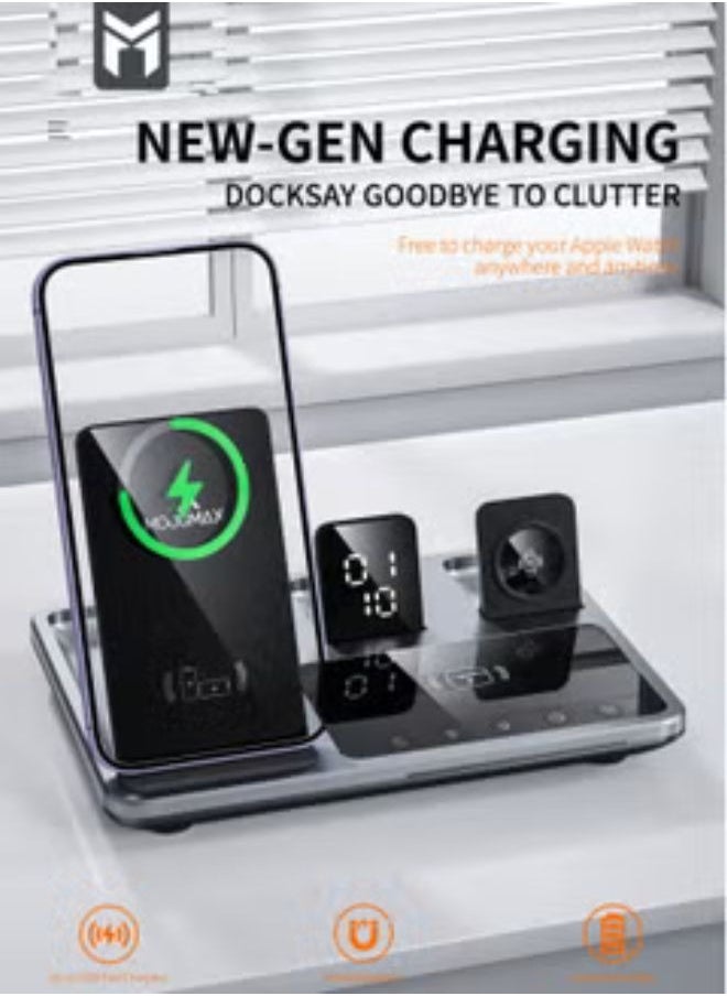 MOOGMAX Maxive 4-in-1 wireless charger 15W with fast charging and smart device identification - charges 3 devices simultaneously with a clock display - universal compatibility, portable power station, wireless charging station, wireless charging base, watch charging base, phone charging base, iPhone charging base.  - Image 2