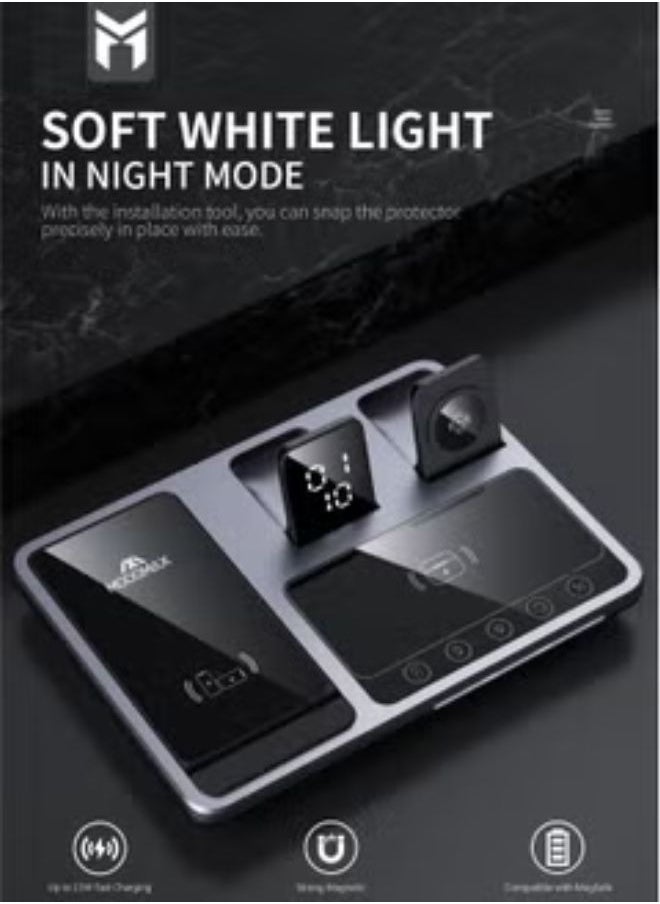 MOOGMAX Maxive 4-in-1 wireless charger 15W with fast charging and smart device identification - charges 3 devices simultaneously with a clock display - universal compatibility, portable power station, wireless charging station, wireless charging base, watch charging base, phone charging base, iPhone charging base.  - Image 5