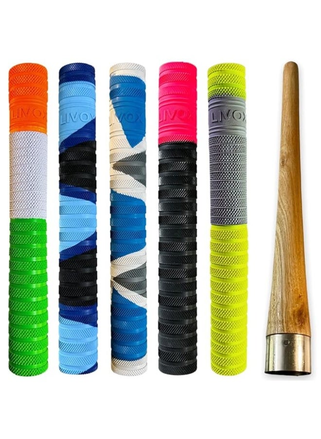 LIVOX® Premium Cricket Bat Handle Rubber 5 Grips for Enhanced Performance With Better Shock Absorption And 1 Wooden Gripper Cone (pack of 6) - Image 1