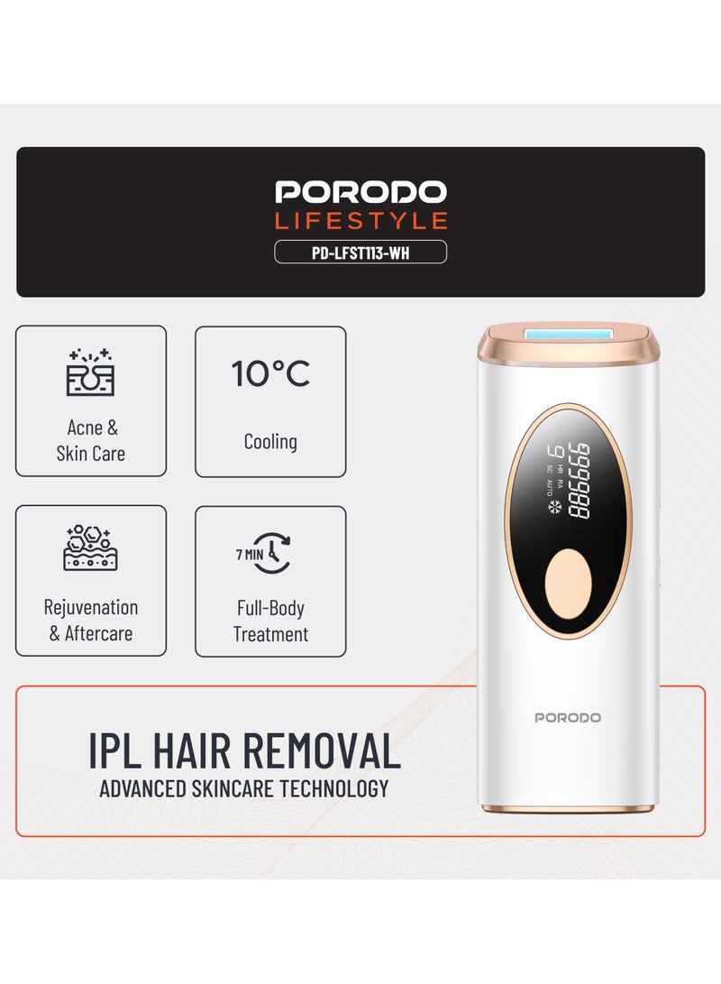 porodo IPL Hair Removal Device with Advanced Skincare Technology / Hair Removal / Acne Treatment / Skin Rejuvenation / 10°C Cooling / Painless Hair Removal / 36W / 7min Full-Body Treatment - White  - Image 3