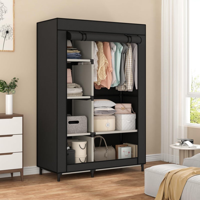 Calmootey Portable Closet Organizers Clothing Storage Wardrobe with 6 Shelves and Hanging Rod NonWoven Fabric Cover with 4 Side Pockets Black