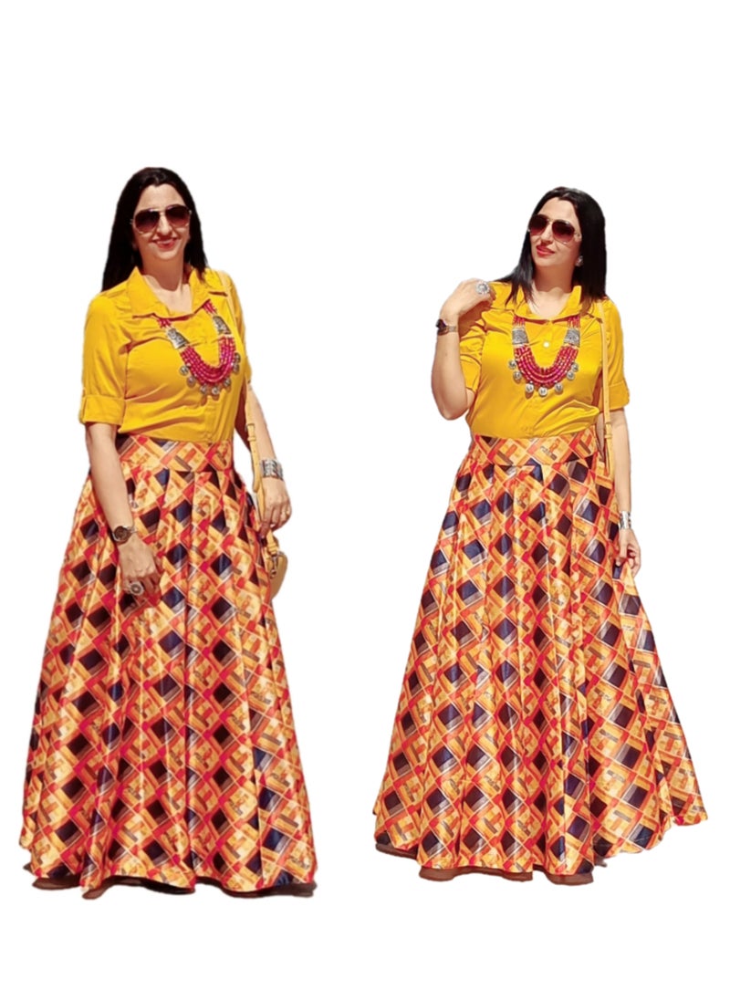 Grab Mantra Ready To Wear Raw Silk Digital Print Skirt With Half Sleeve Shirt  - Image 1
