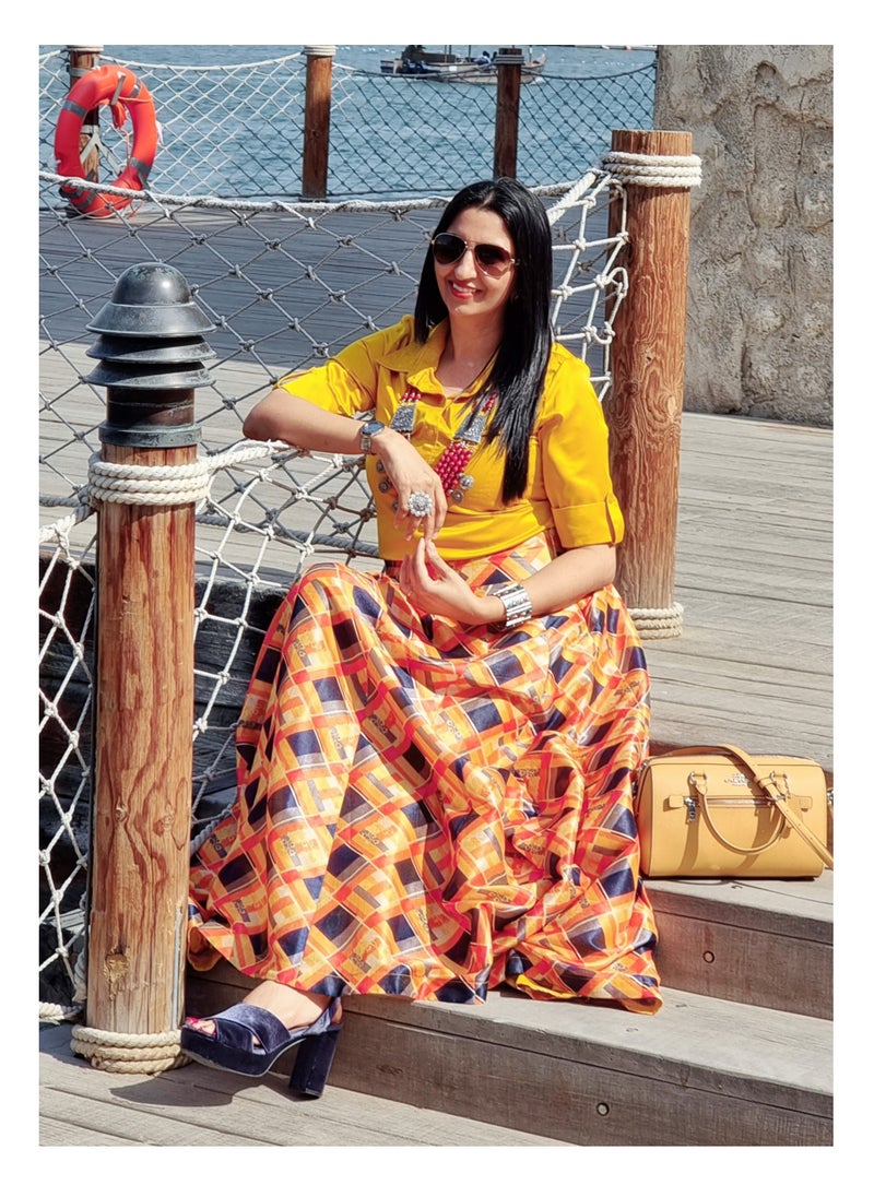 Grab Mantra Ready To Wear Raw Silk Digital Print Skirt With Half Sleeve Shirt  - Image 4