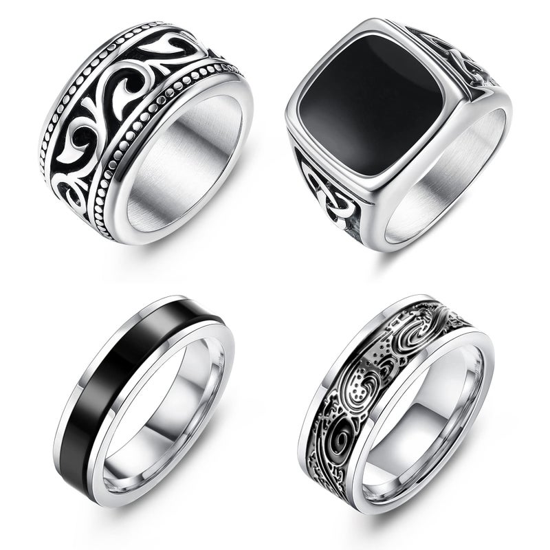 Jstyle 4Pcs Stainless Steel Vintage Signet Rings for Men Biker Rings Set Pinky Thumb Celtic Band Ring Spinner Ring Silver Gold Polished Edge Mens Rings for Men Jewelry Gift Silver Ring Size 10 - Image 1